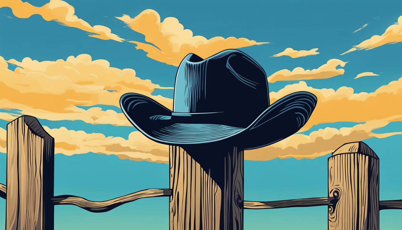 A lone cowboy hat sits atop a weathered fence post, silhouetted against a vibrant blue sky