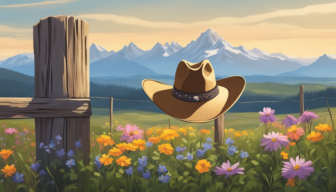 A cowboy hat resting on a weathered wooden fence post, surrounded by a field of wildflowers and a distant mountain range