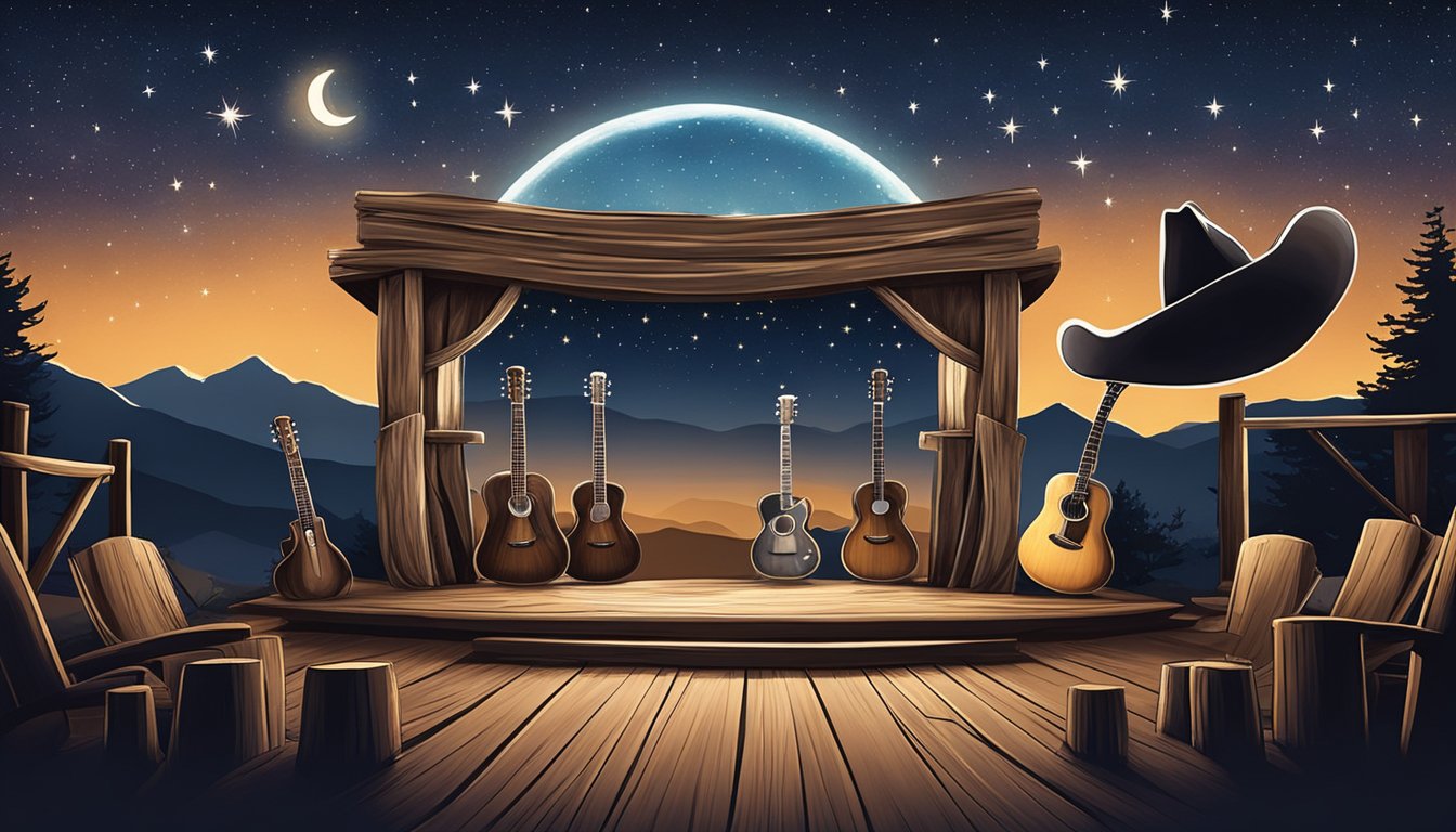 A rustic wooden stage adorned with cowboy hats and guitars, set against a backdrop of rolling hills and a starry night sky