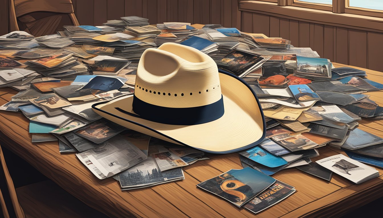 A cowboy hat surrounded by 25 George Strait album covers, scattered on a wooden table