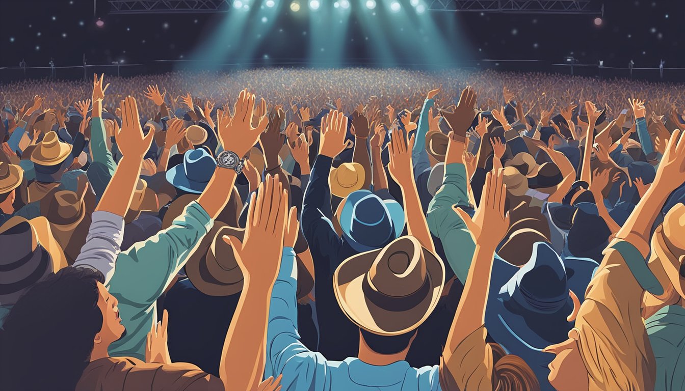 A lively country music concert with a crowd of enthusiastic fans waving their hands and singing along to the iconic George Strait songs