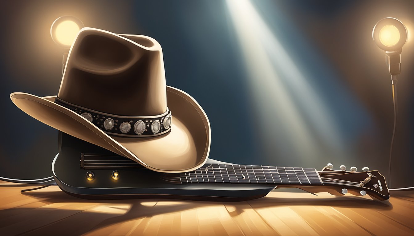 A cowboy hat resting on a guitar with a spotlight shining down, surrounded by a mix of cowboy boots and a stage microphone