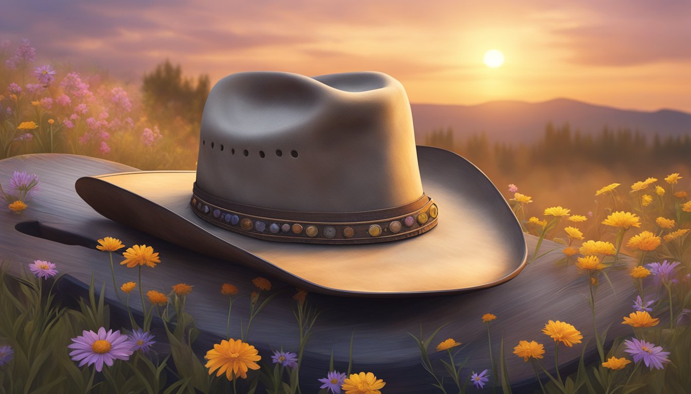 A cowboy hat resting on a weathered guitar, surrounded by wildflowers and a distant sunset