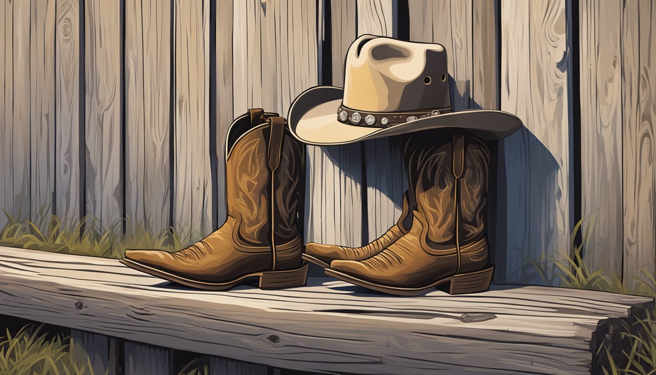 A cowboy hat resting on a weathered wooden fence, surrounded by a pair of well-worn cowboy boots and a guitar leaning against the fence post