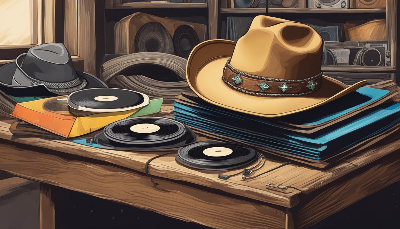 A cowboy hat resting on a weathered guitar case, surrounded by a collection of well-worn vinyl records