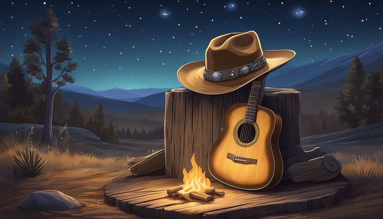 A cowboy hat resting on a weathered guitar, surrounded by a campfire under a starry night sky