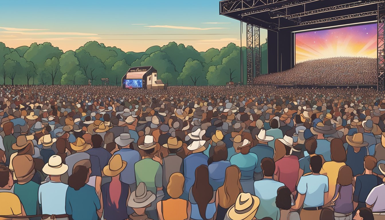 A crowded country music concert with a stage featuring George Strait's name in lights, surrounded by enthusiastic fans singing along to his iconic songs