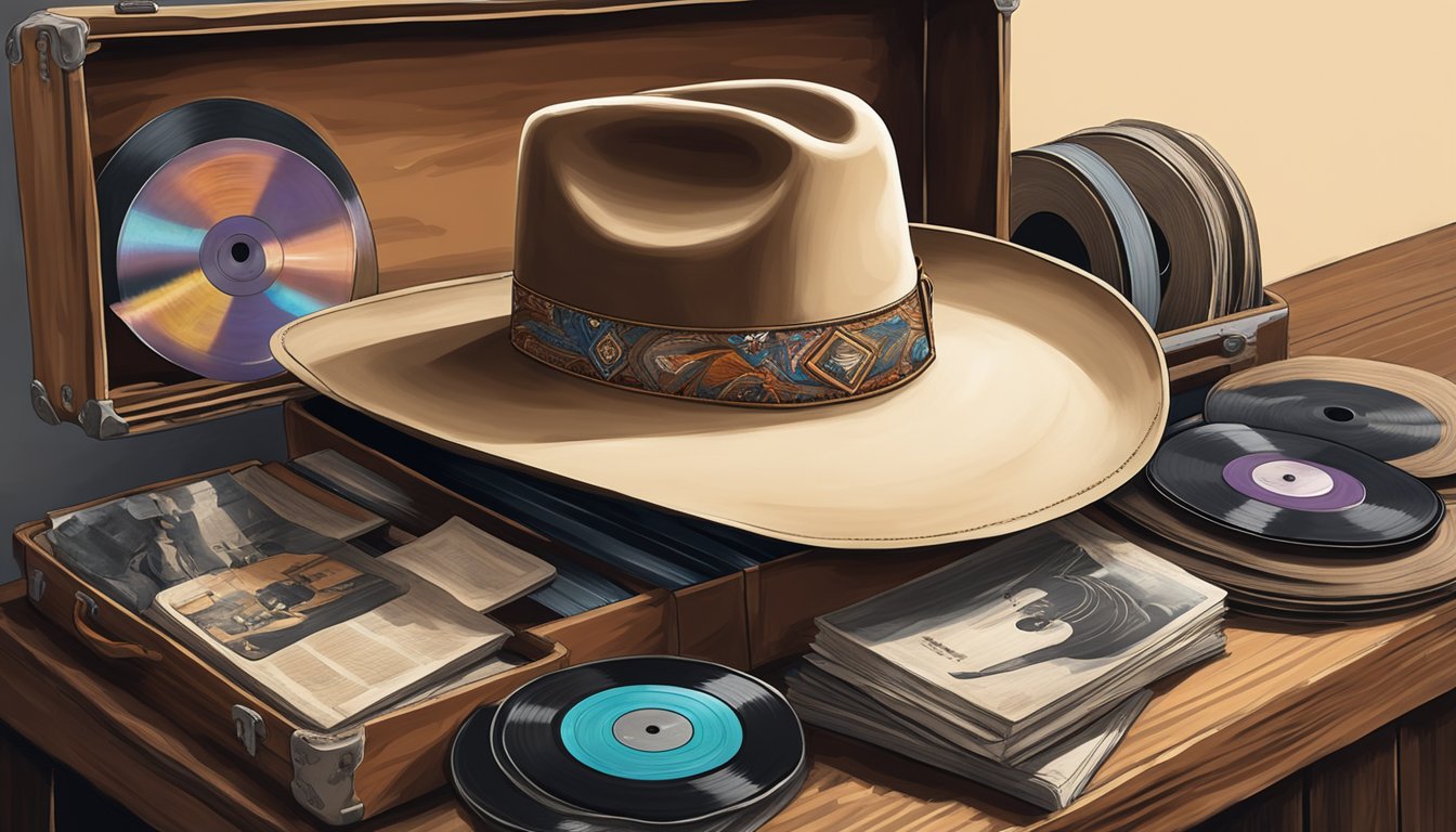 A cowboy hat resting on a weathered guitar case, surrounded by old vinyl records of George Strait's greatest hits