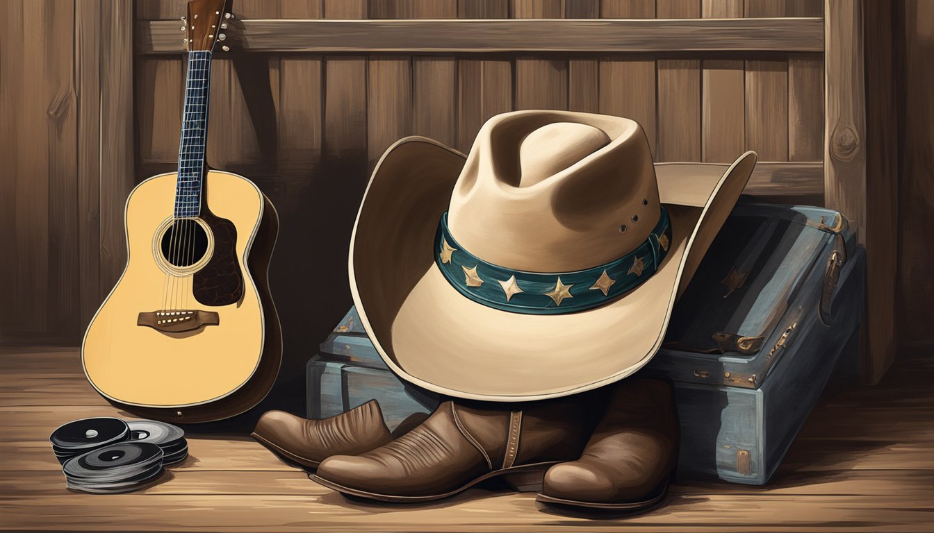 A cowboy hat resting on a weathered guitar case, surrounded by vintage vinyl records and a worn pair of cowboy boots