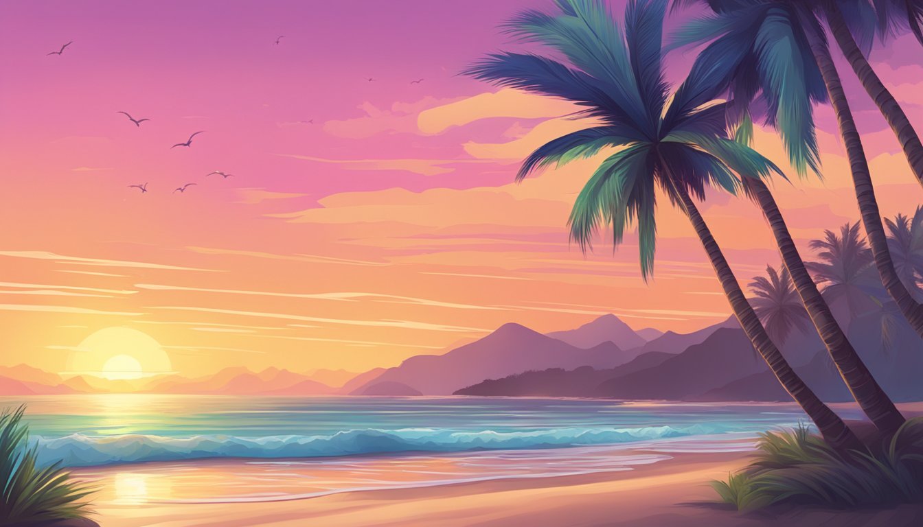 A serene beach with rolling waves, palm trees, and a colorful sunset reflecting on the water