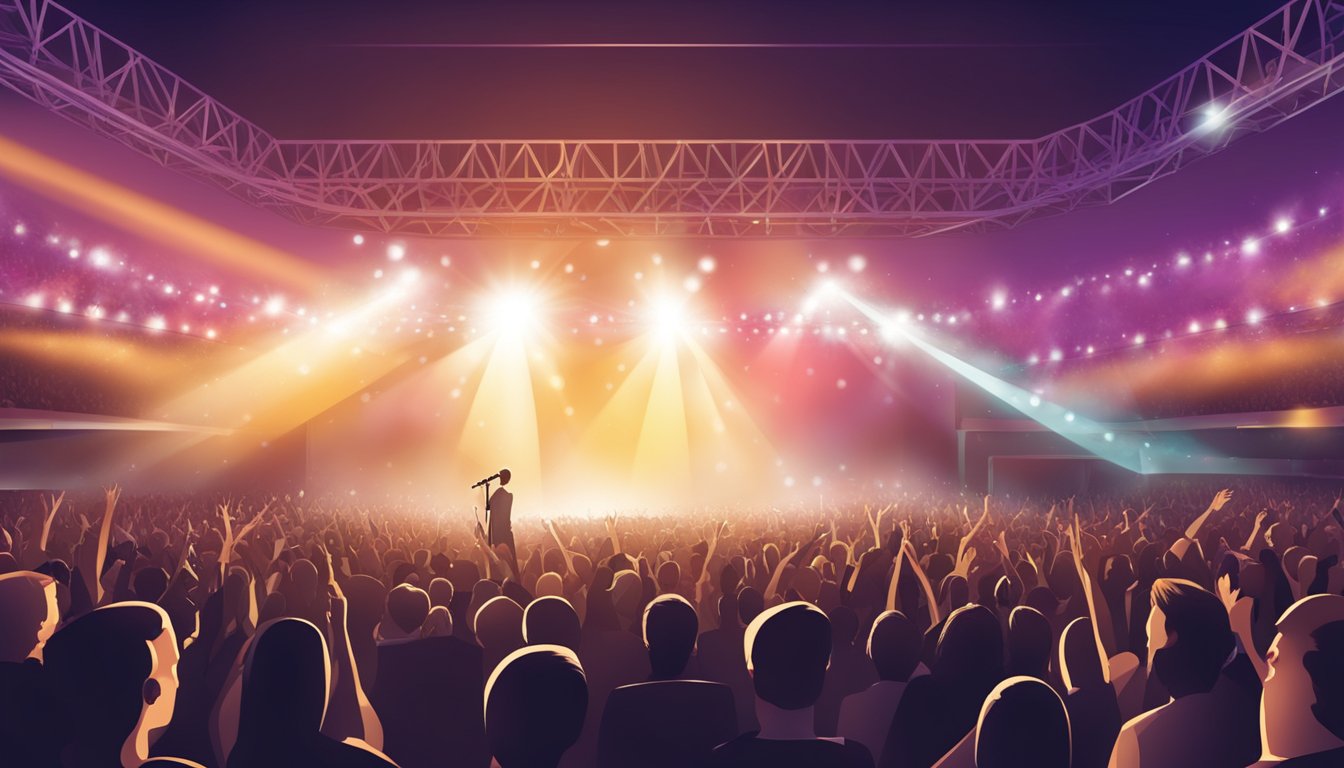 A crowded concert stadium with a spotlight shining on a lone microphone on a stage