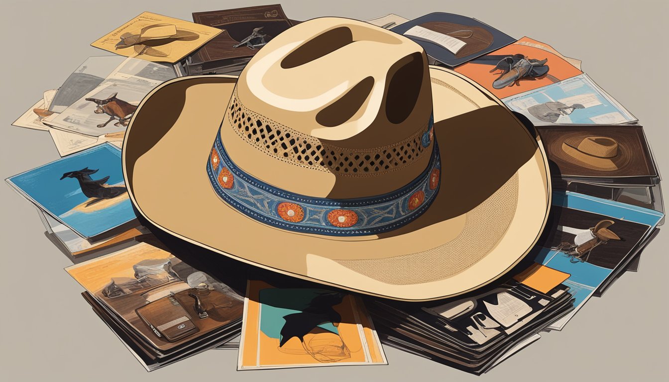 A cowboy hat surrounded by six vintage George Strait album covers, with a guitar leaning against the hat