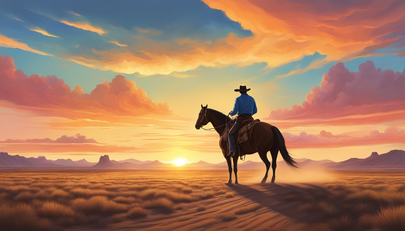 A lone cowboy rides off into the sunset, with a vast open plain stretching out behind him and a colorful sky above