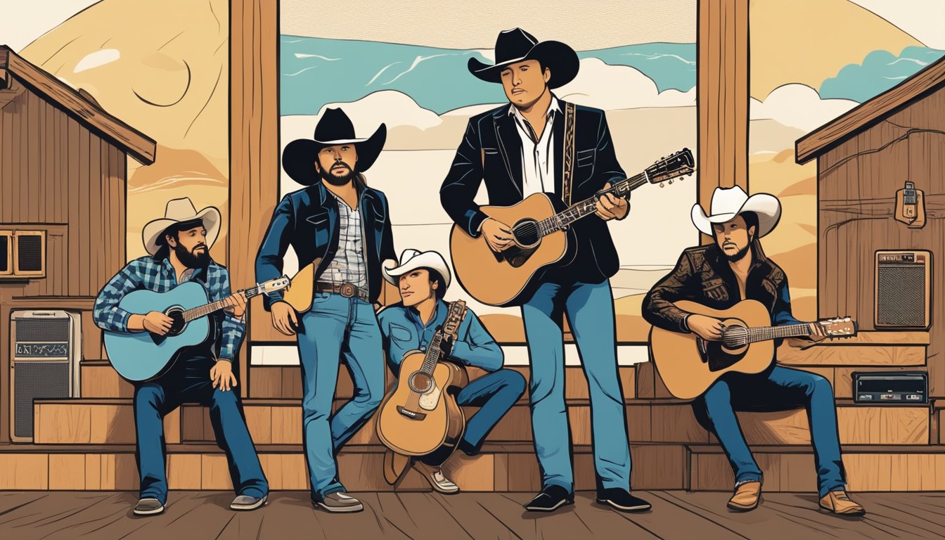 A stage with six album covers displayed, surrounded by modern country music symbols and imagery, evoking the impact of George Strait on the genre