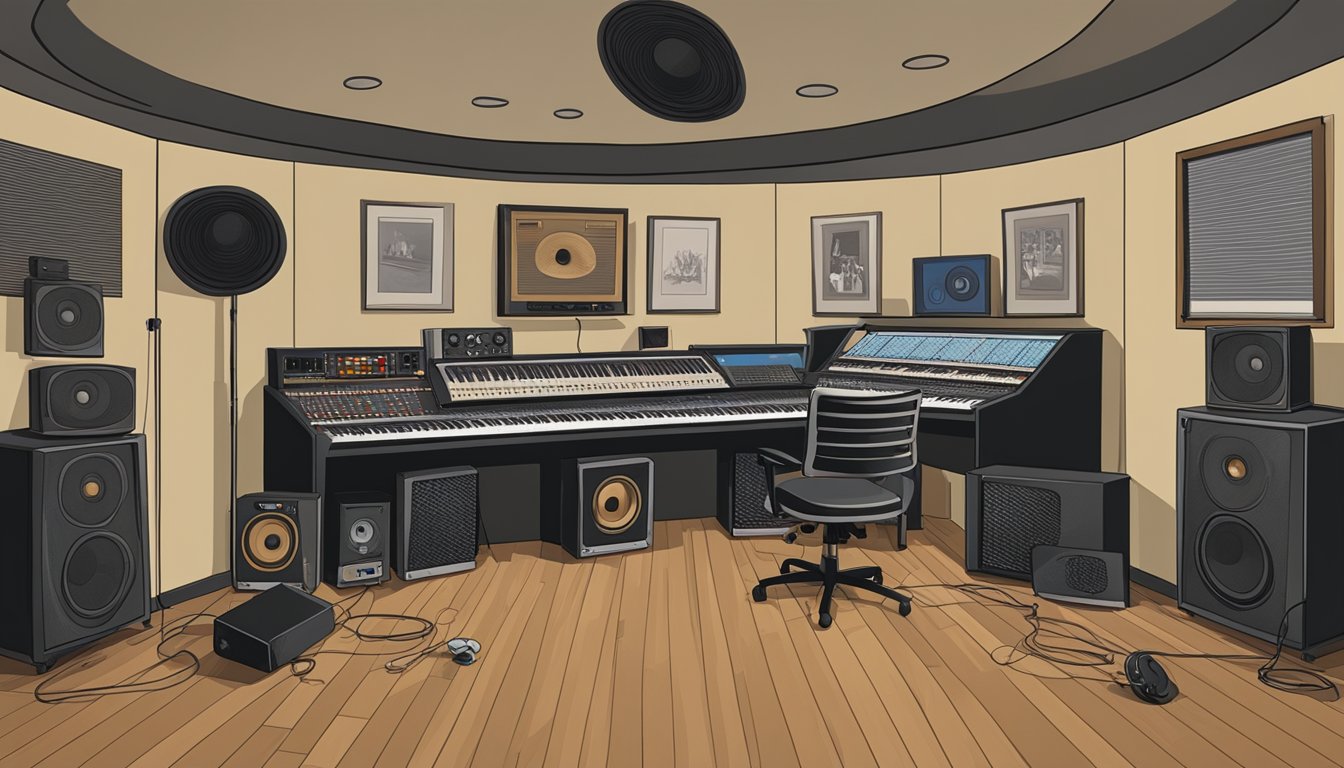 A recording studio with instruments, sound equipment, and a mixing board. Posters of George Strait albums line the walls