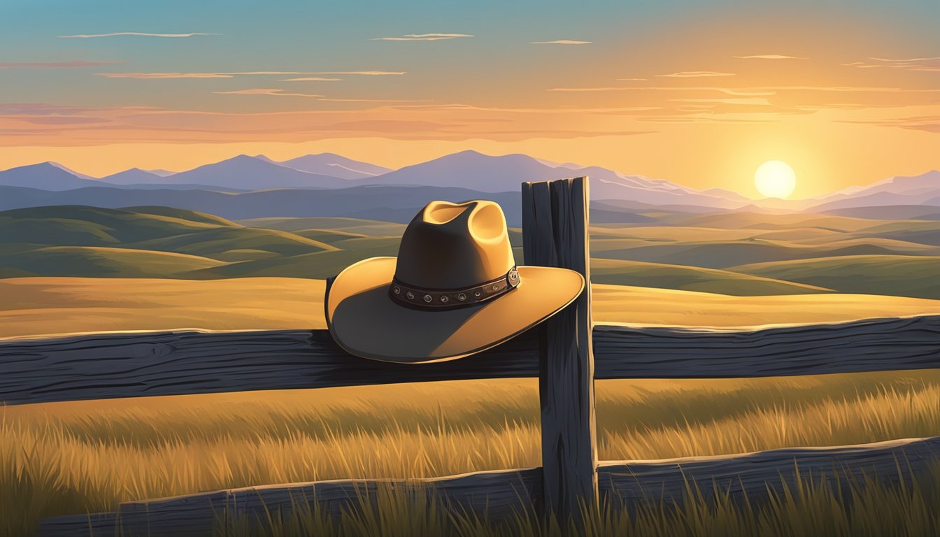 A lone cowboy hat rests on a weathered wooden fence, surrounded by rolling hills and a setting sun