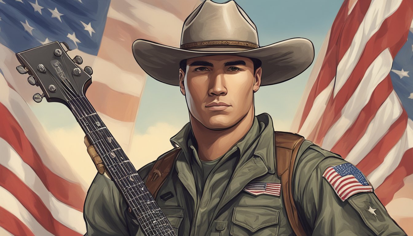 A soldier in uniform standing in front of an American flag, with a guitar and cowboy hat beside him