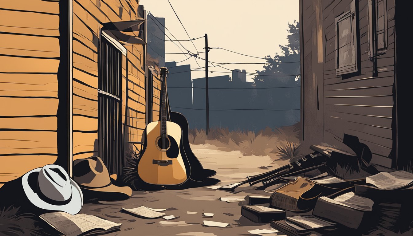 A dark alley behind Music Row, littered with abandoned instruments and sheet music. The silhouettes of two iconic cowboy hats hang on a nearby fence