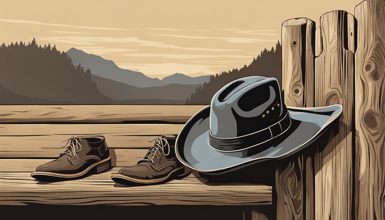 A cowboy hat sitting on a wooden fence post, surrounded by a guitar, cowboy boots, and a lasso