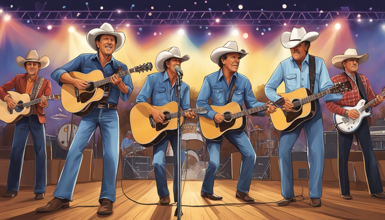 A lively honky-tonk band, Asleep at the Wheel, and country legend George Strait performing together on stage