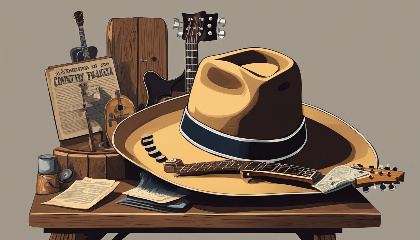 A cowboy hat and guitar sit on a wooden stool, surrounded by a spotlight and vintage country music memorabilia