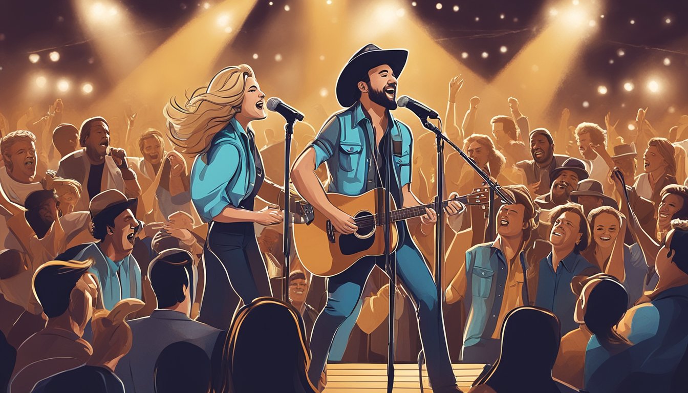 Two country music legends singing together on a stage, surrounded by enthusiastic fans and a band playing in the background