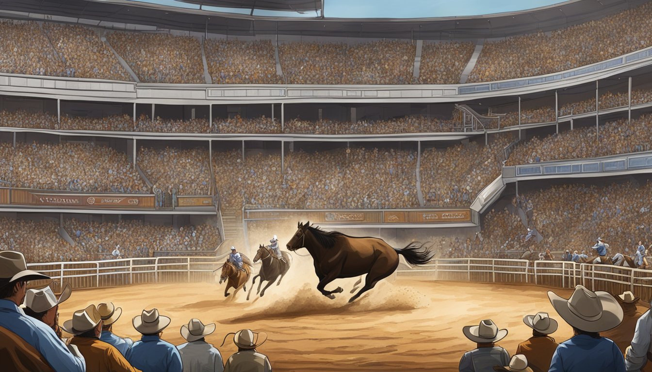 A lively rodeo arena with cowboys riding bucking broncos and bulls, cheering fans, and a banner displaying "George's Rodeo Event."