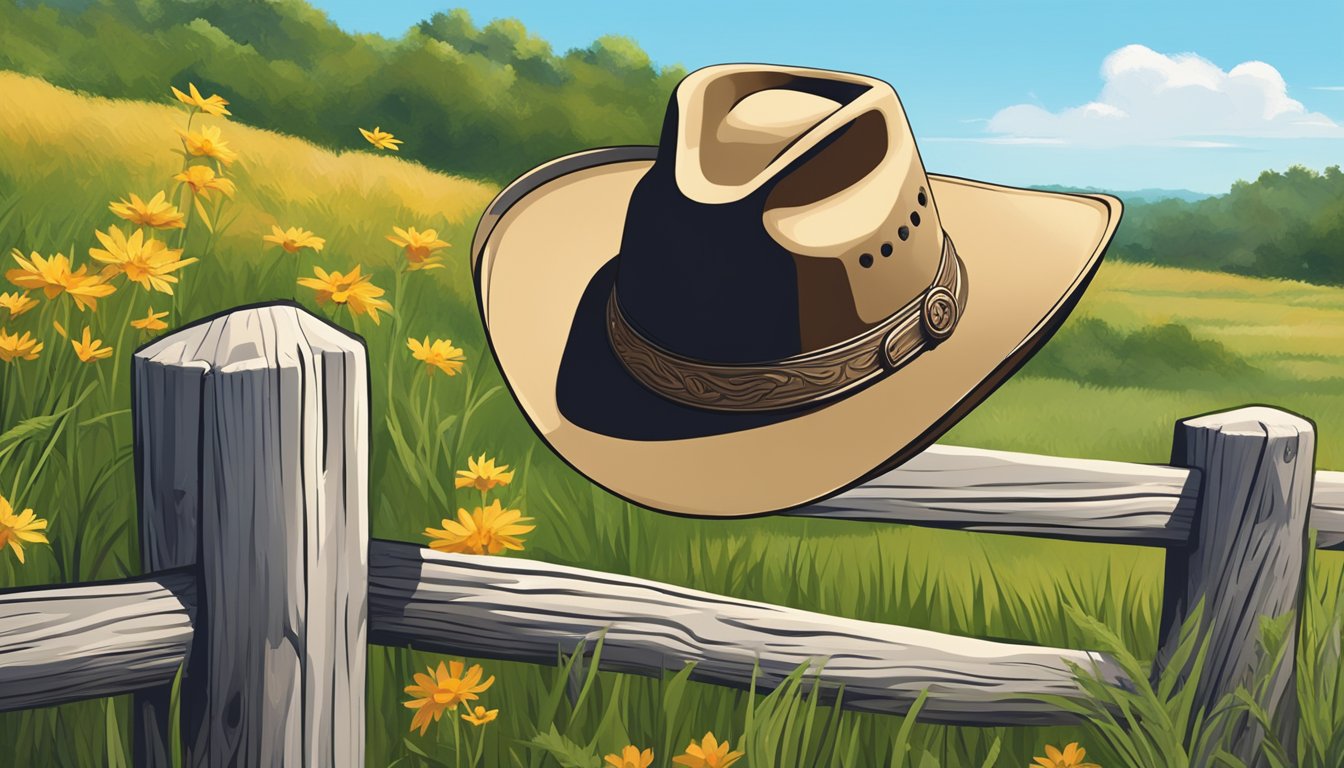 A lone cowboy hat rests on a weathered wooden fence post, surrounded by tall grass and wildflowers under the Texas sun