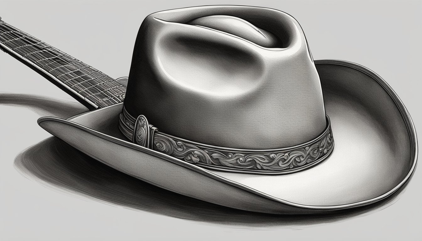 A cowboy hat and guitar displayed in a prestigious hall of fame exhibit