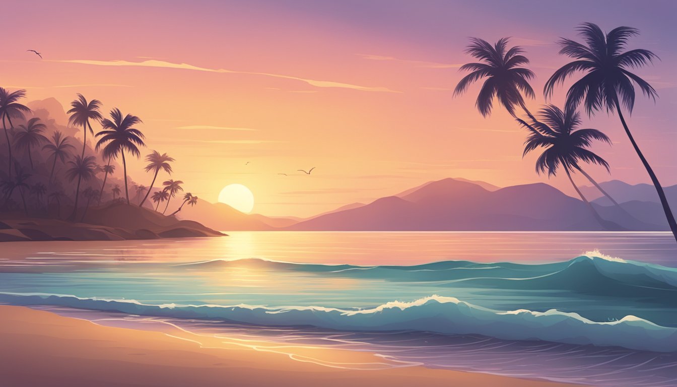 A serene beach at sunset, with palm trees swaying in the breeze and gentle waves lapping at the shore, evoking a sense of nostalgia and tranquility