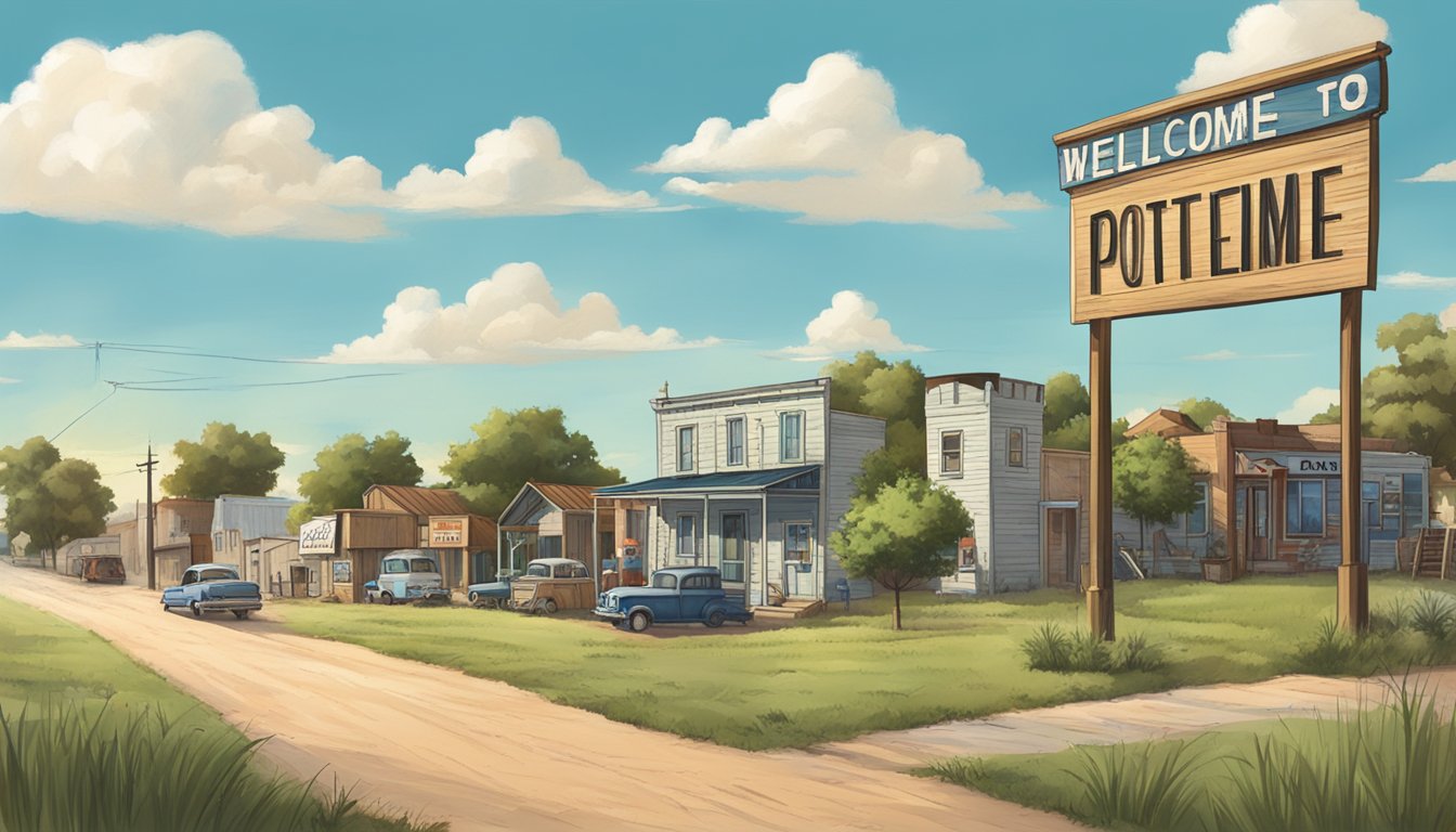 A small town in Texas with a sign reading "Welcome to Poteet" surrounded by fields and a clear blue sky