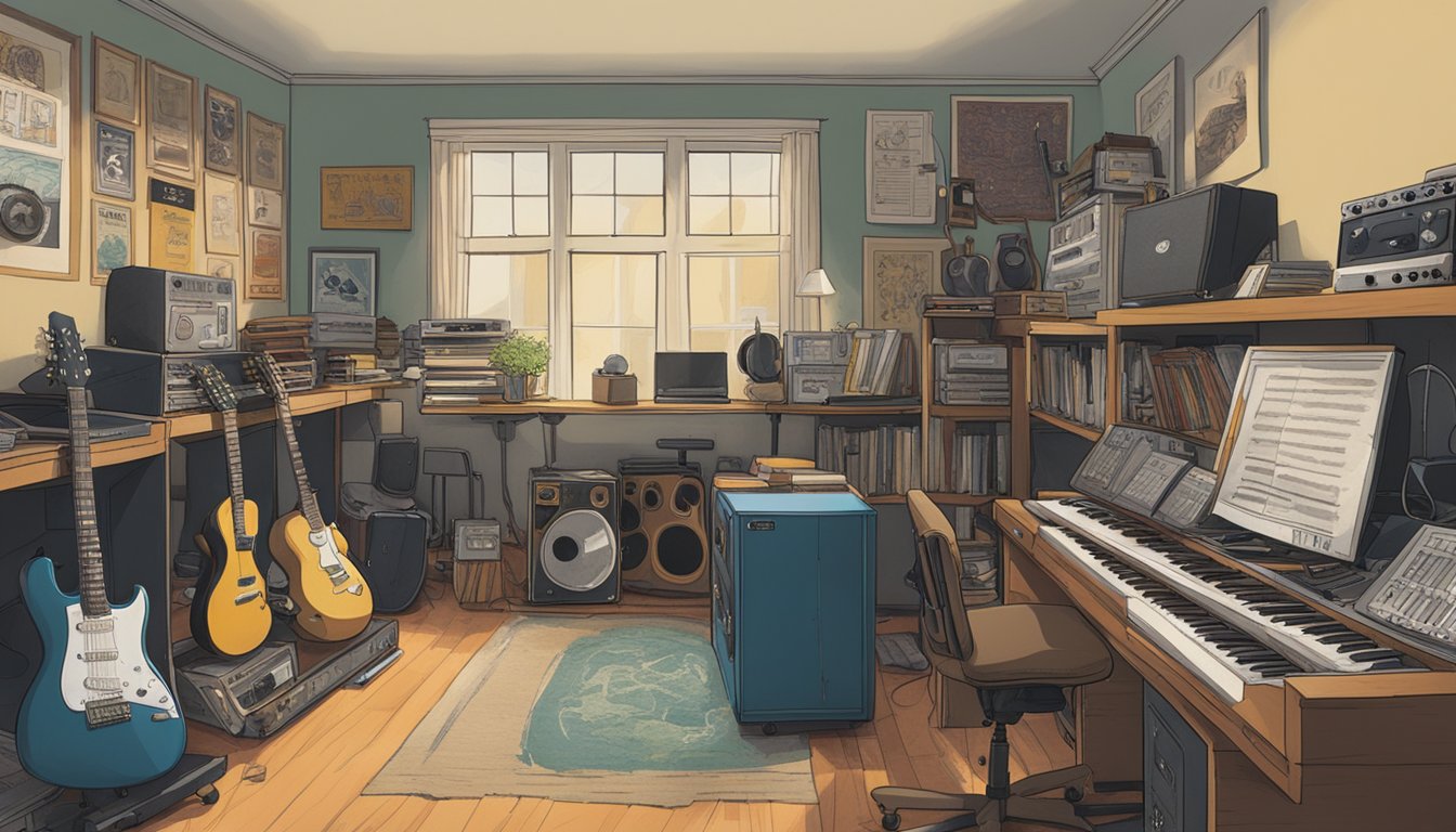 George's college dorm room packed with guitars, amps, and music posters. A letter on the desk reads "Joining First Band."