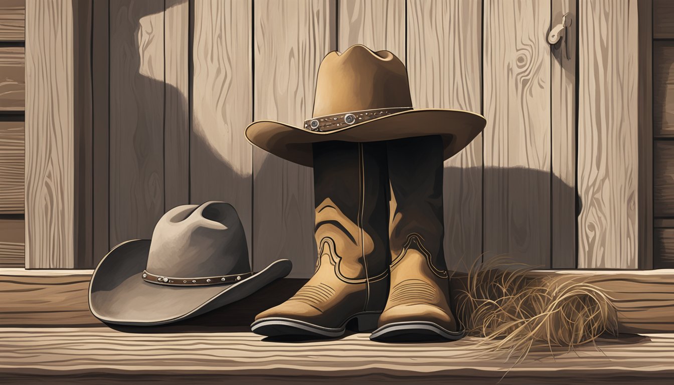 A lone cowboy hat and pair of worn boots sit on a wooden porch, surrounded by the dusty landscape of a Texas ranch