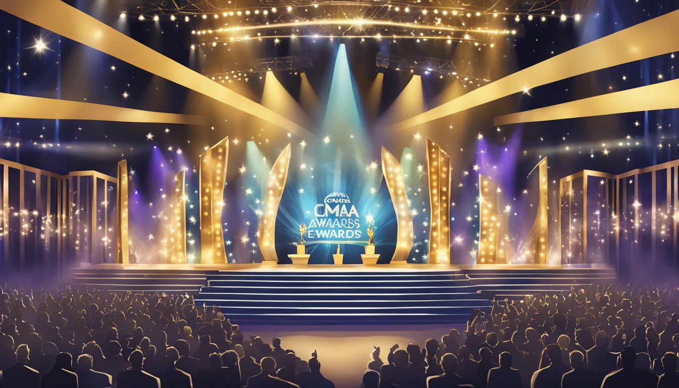 A stage adorned with numerous CMA awards, spotlight shining on them