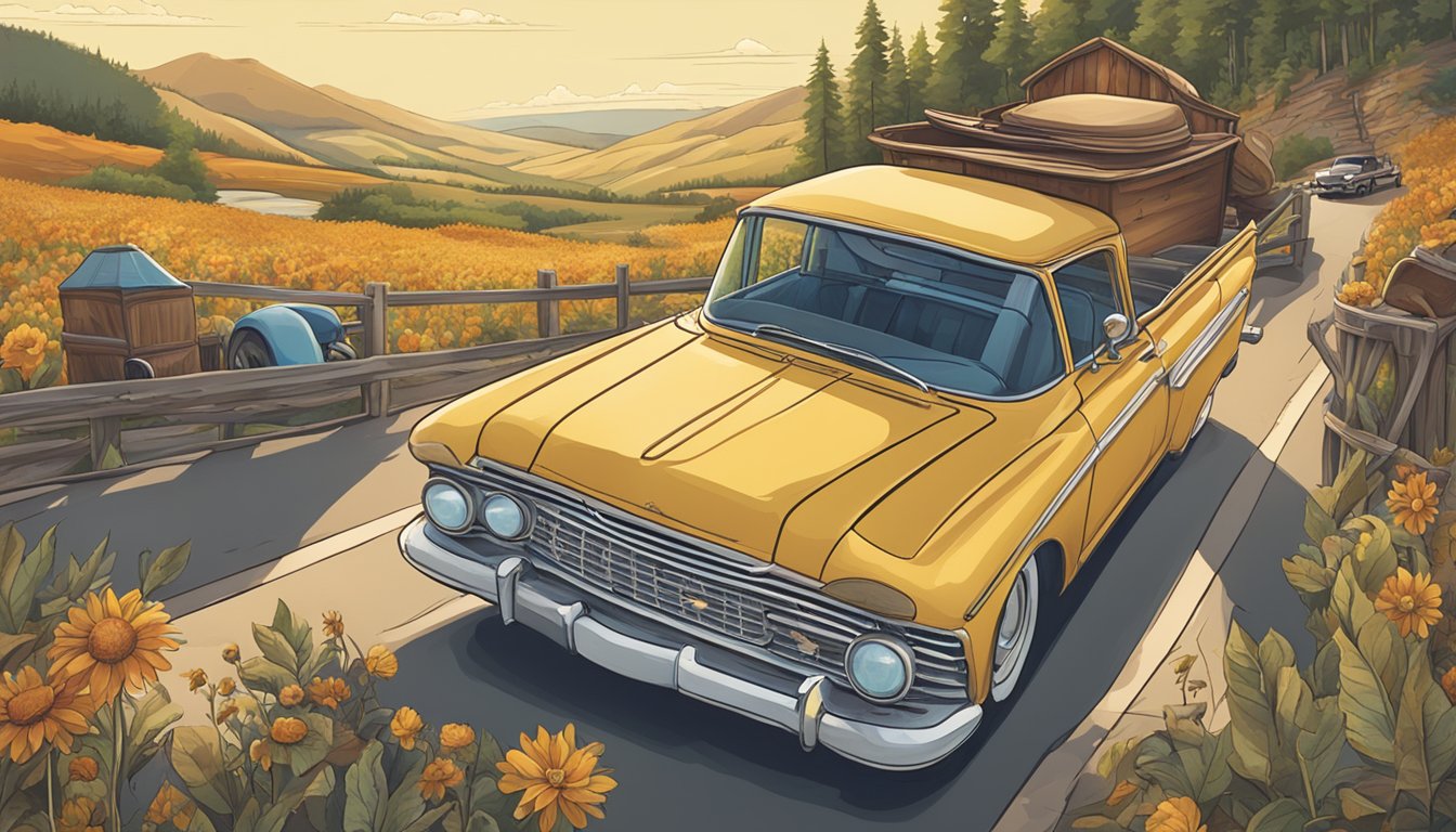 A car driving through a scenic countryside, with a mix of country-themed elements like cowboy boots, guitars, and cowboy hats scattered around