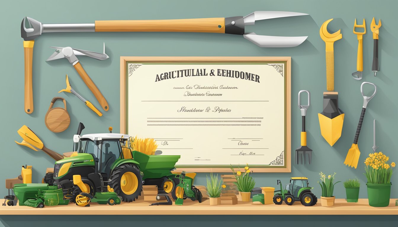 Agricultural tools and equipment arranged around a diploma on a wall