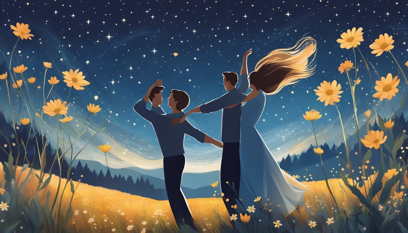 A couple dancing under a starry sky, surrounded by fields of wildflowers and a gentle breeze