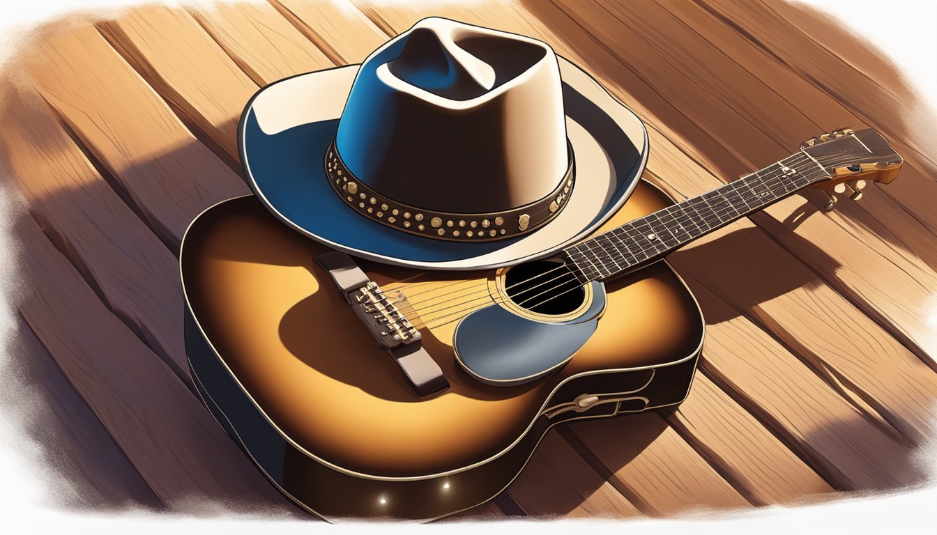 A cowboy hat and guitar sit on a rustic wooden stage, bathed in the warm glow of stage lights, surrounded by adoring fans