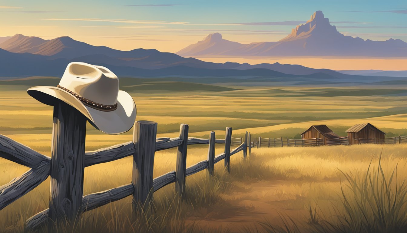 A lone cowboy hat resting on a weathered fence post, surrounded by the vast expanse of a Texas landscape