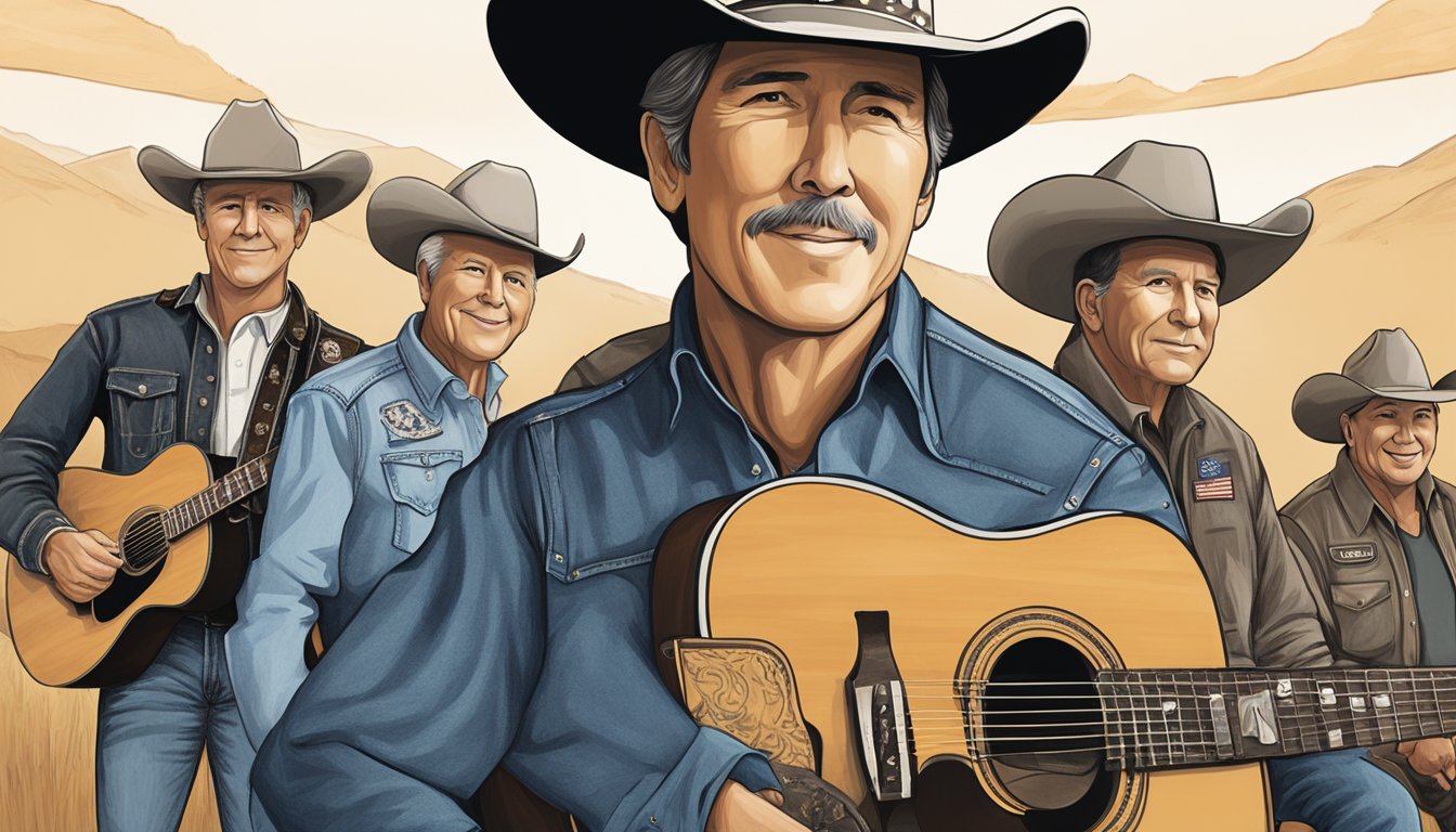 A group of veterans gather around a foundation logo, while George Strait's iconic cowboy hat and guitar sit on display nearby