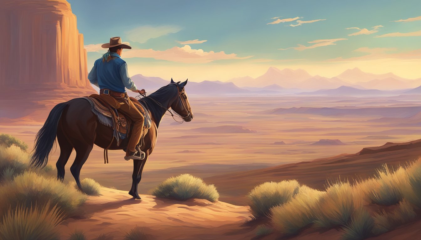 A lone cowboy riding through a vast, open landscape with a guitar slung over his shoulder, surrounded by the beauty of nature