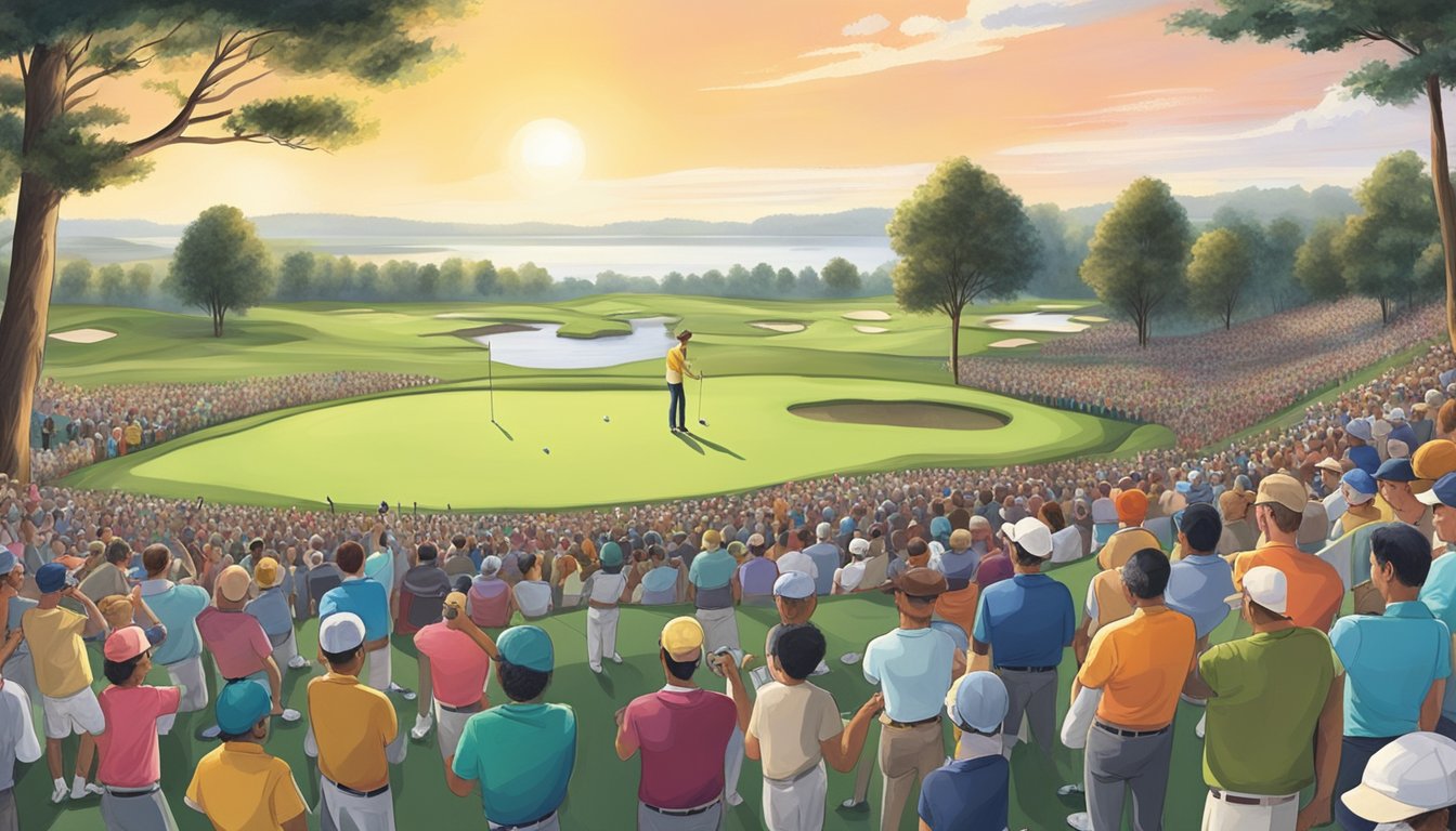 A golf course with players teeing off, surrounded by cheering spectators. In the distance, a stage is set up for a concert