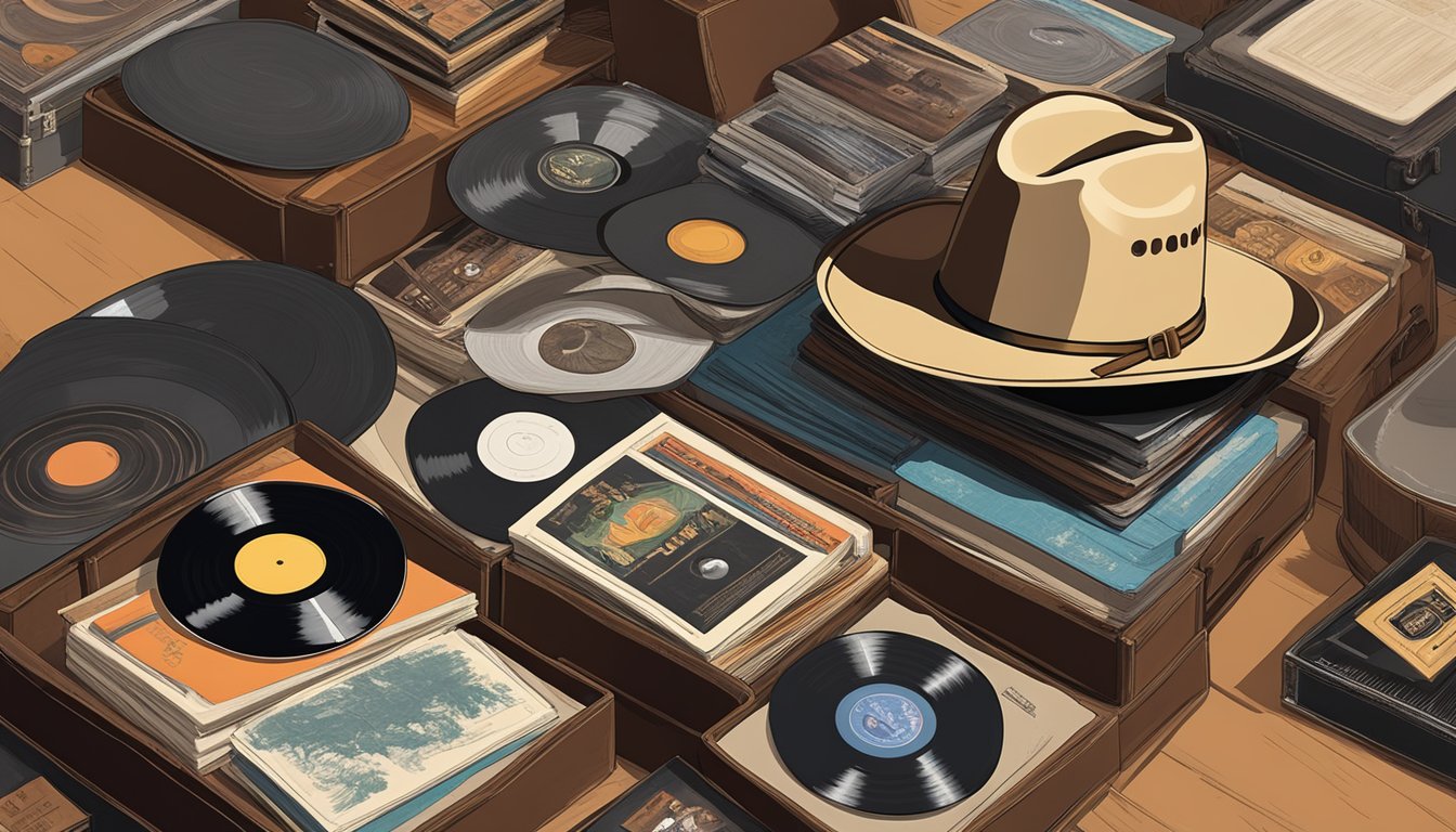 A cowboy hat resting on a guitar case, surrounded by a collection of vinyl records with George Strait's album covers