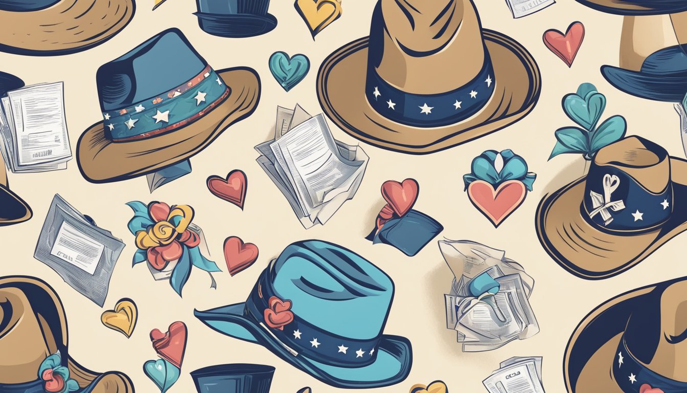 A cowboy hat surrounded by various symbols of community support and fundraising, such as ribbons, hearts, and donation boxes