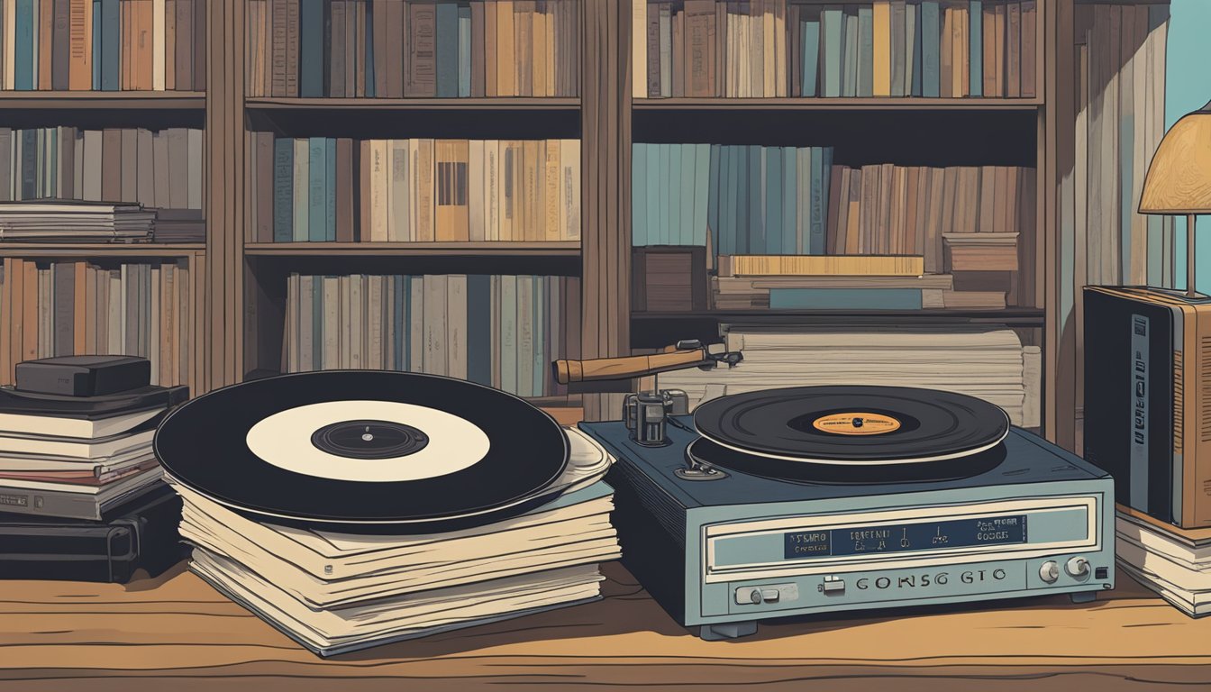 A stack of vinyl records with George Strait's name on the covers, surrounded by a vintage record player and a notebook with song titles