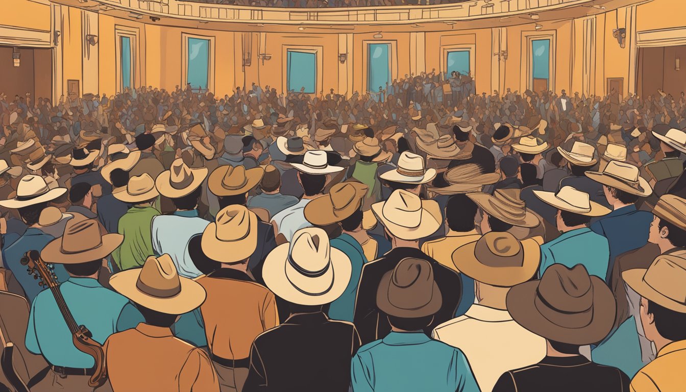 A crowded concert hall, with a cowboy hat on stage and a band playing lively Western Swing music. The audience is dancing and cheering, as the music fills the room with energy