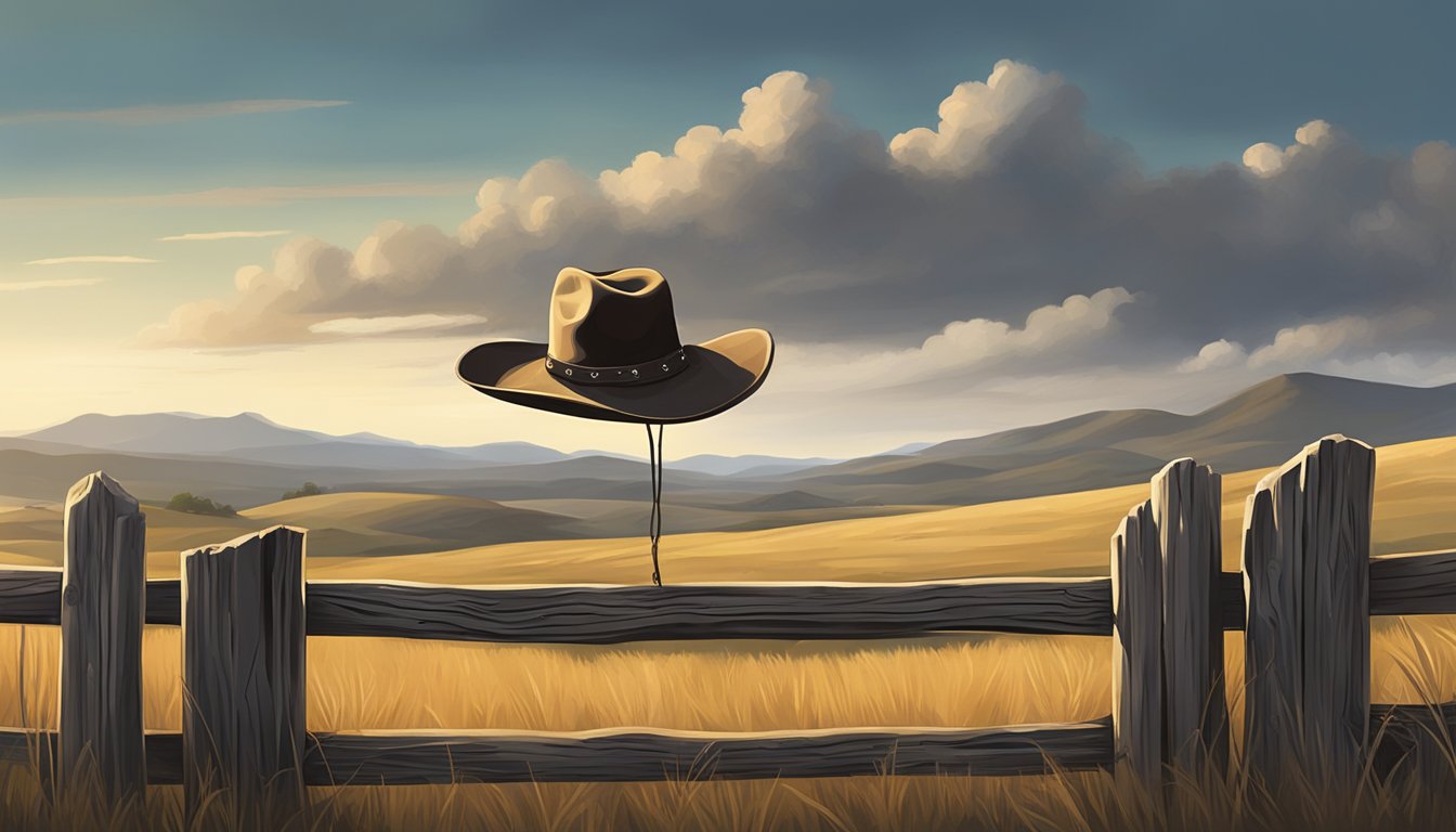 A lone cowboy hat rests on a weathered fence post, overlooking a vast expanse of rolling hills and an old country road