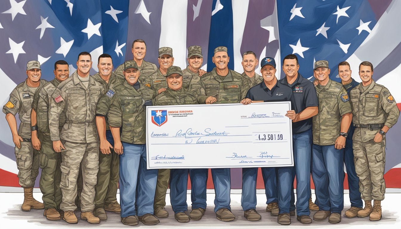 George Strait stands on stage, surrounded by members of the Military Warriors Support Foundation. He presents a check to the organization, symbolizing his ongoing partnership and support for veterans