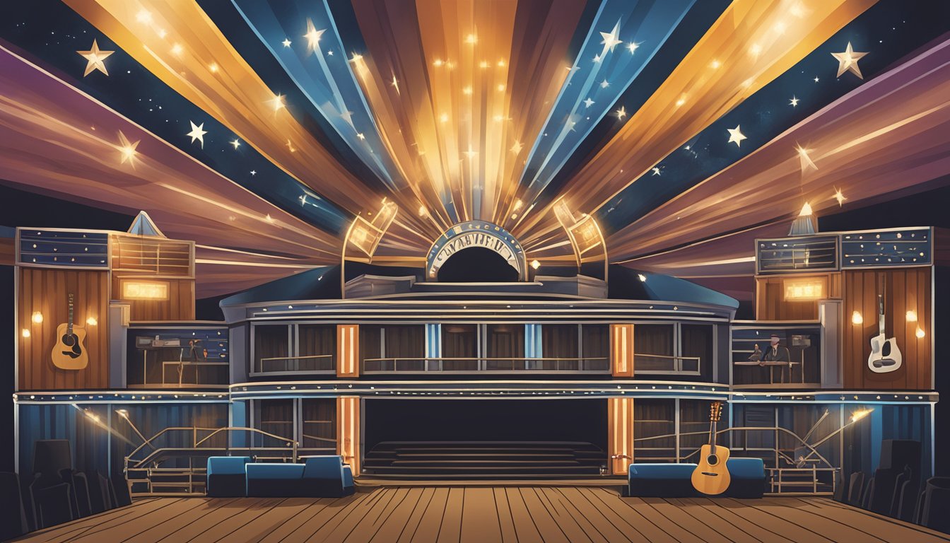 Spotlight on a stage with six iconic symbols representing George Strait's influence on country music