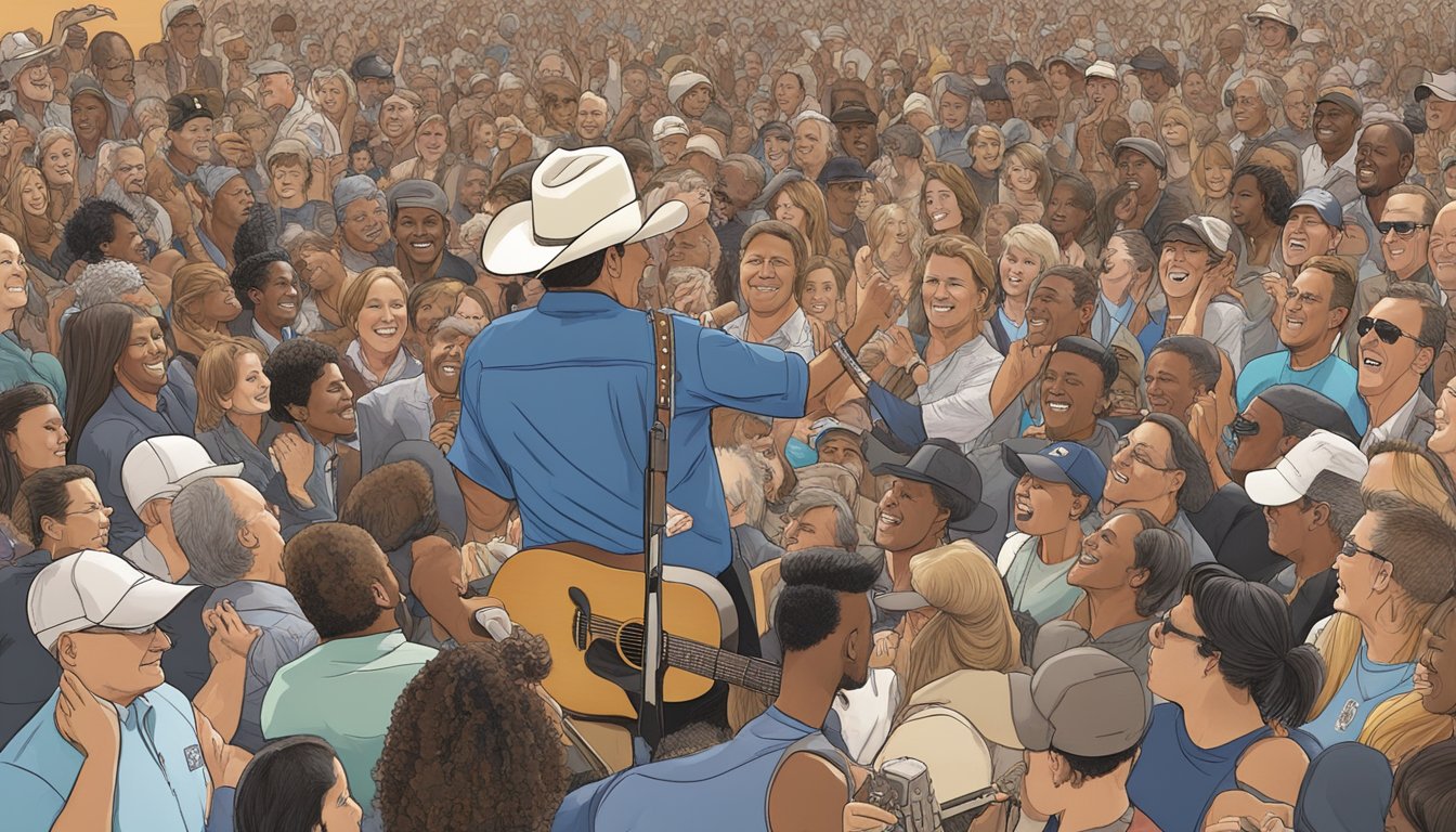 George Strait performing at a benefit concert, surrounded by a diverse crowd of fans and volunteers, with funds being raised for various charitable causes